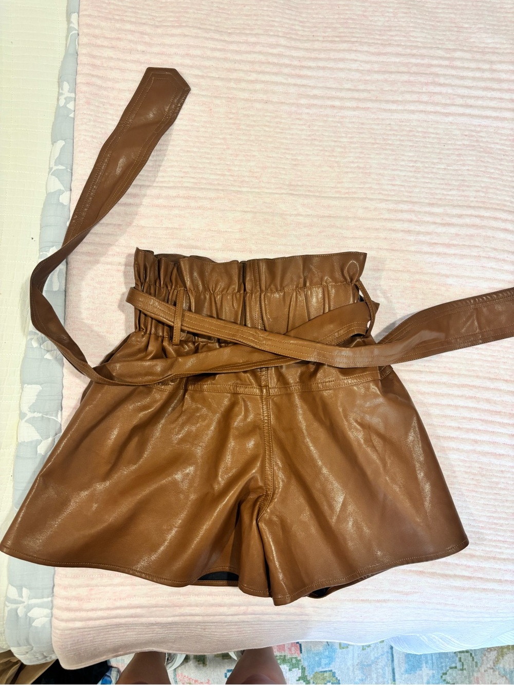 Karina Grimaldi Tan Faux Leather High-Waist Paperbag Shorts